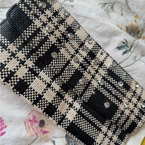 Banana Republic Black and White Plaid Clutch with Rhinestones
